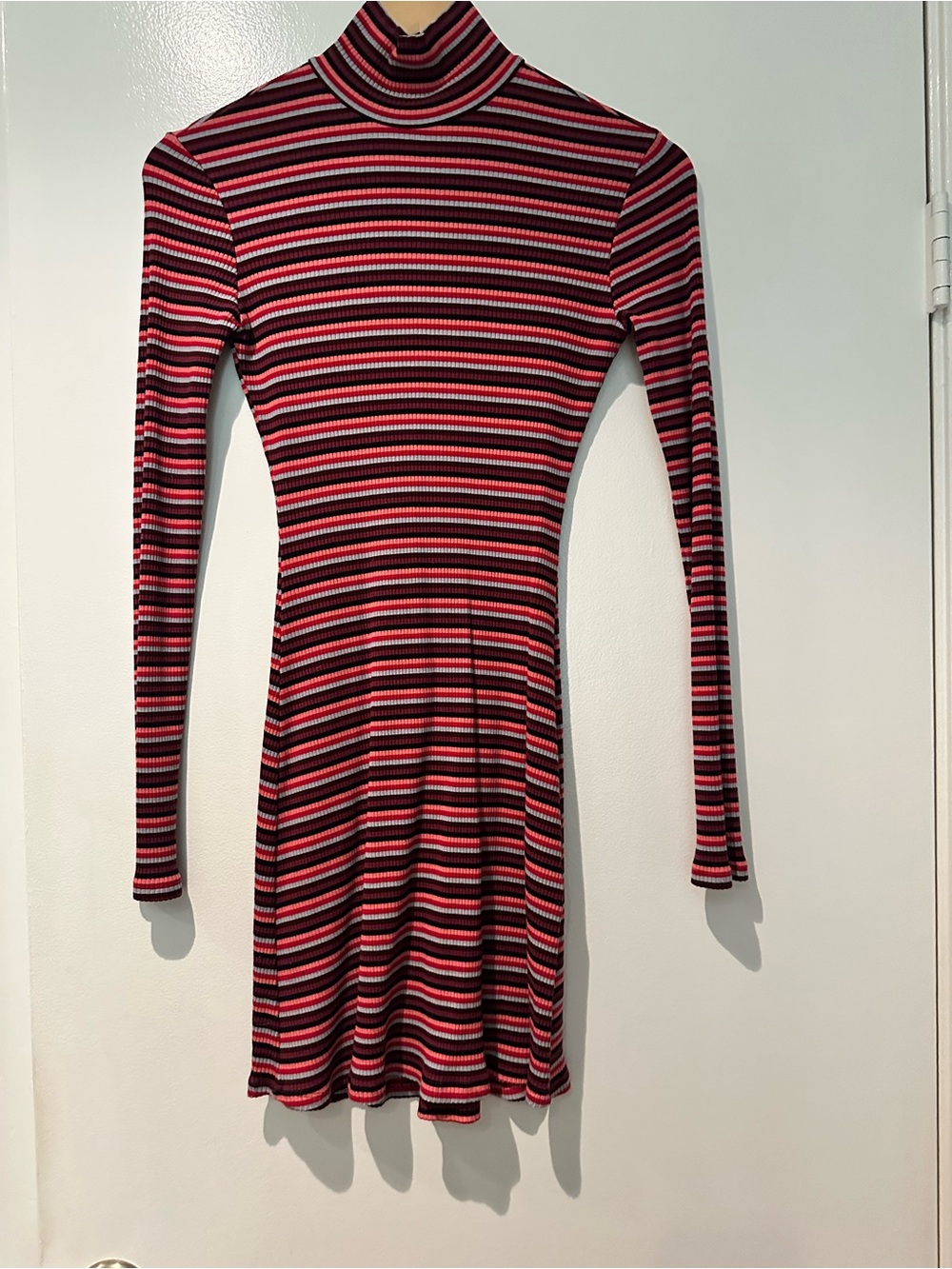 Reformation Striped Long-Sleeve Turtleneck Mini Dress in Red, Pink and Black